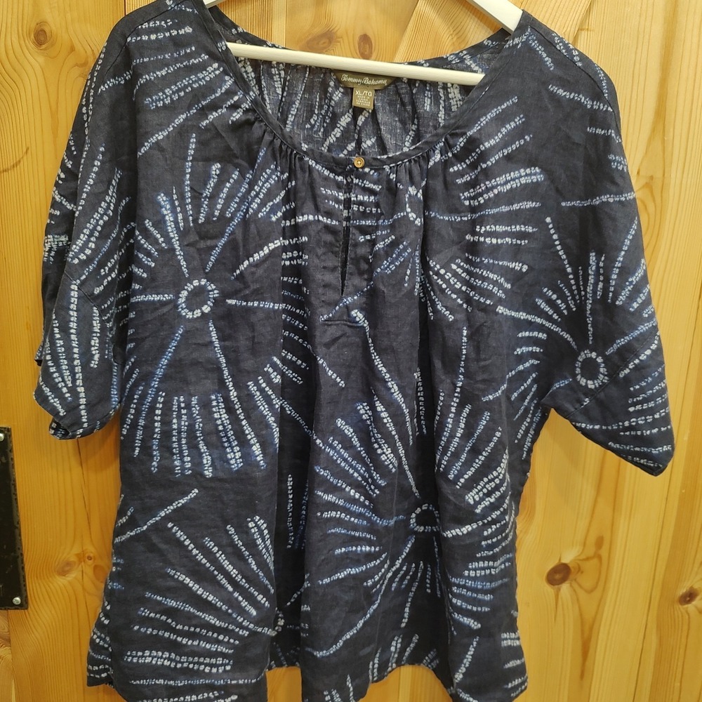 Tommy Bahama Women's Sz XL Navy White Tie Dye‎ Linen Top Blouse Coastal Linen